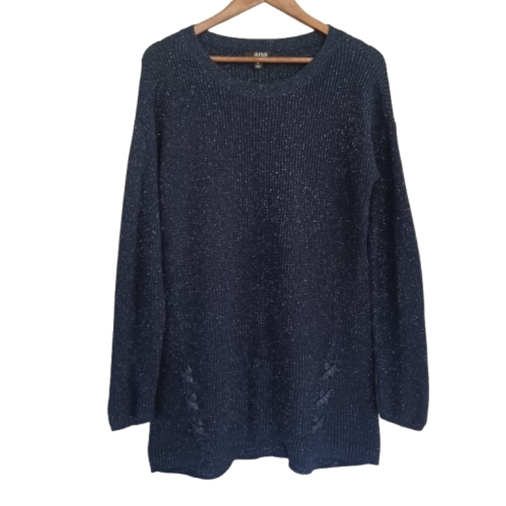 a.n.a. Dark Blue Silver Metallic Thread Knit Cotton Sweater Tunic Top Shirt